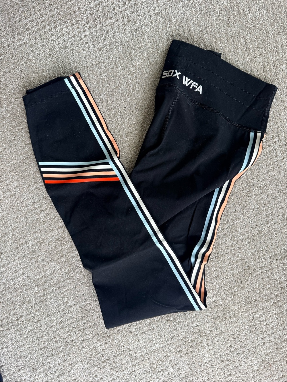 White Fox Boutique Black Leggings with Blue and Peach Stripes